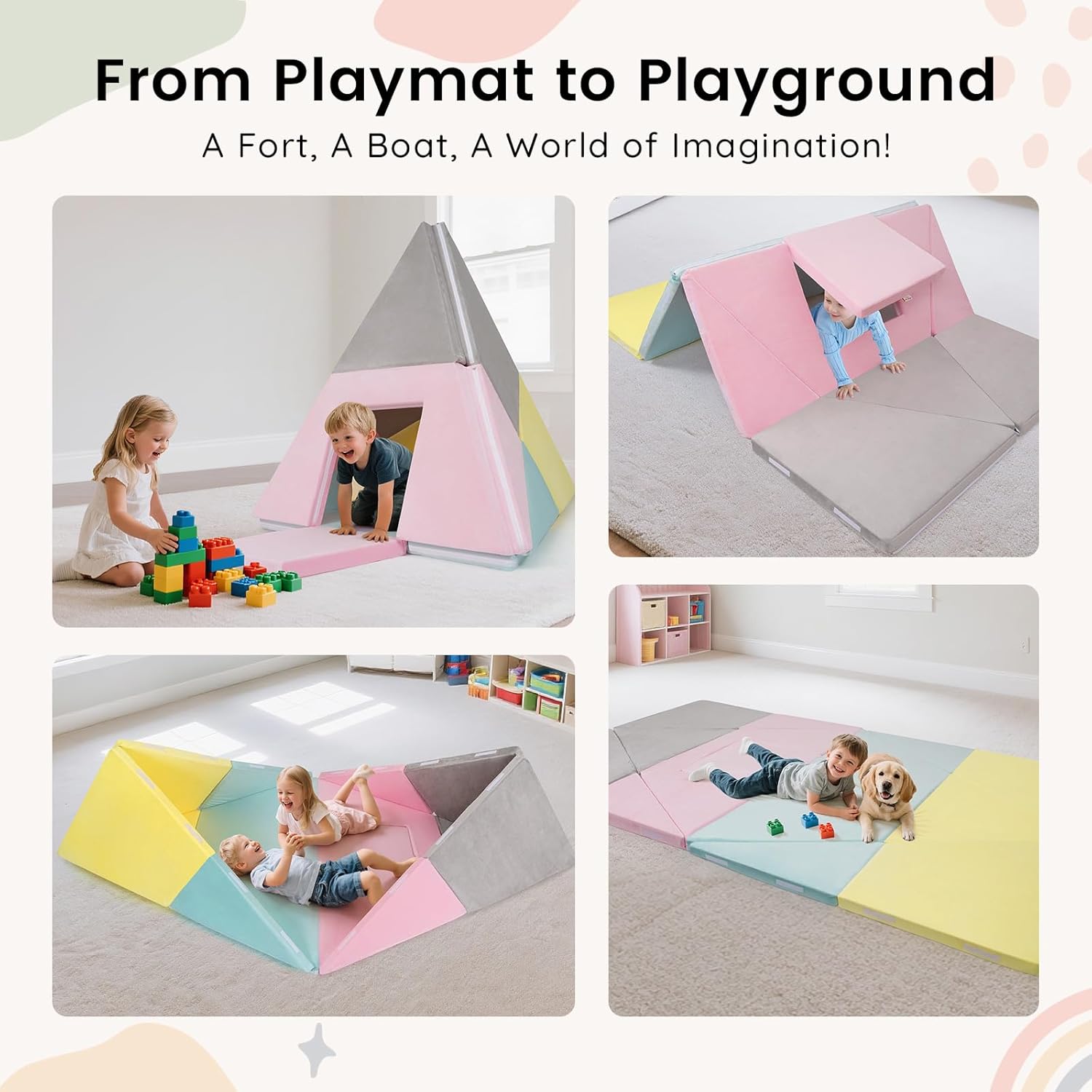 INNOSTAGE 3-in-1 Baby Play Mat – 94.5"x55" Extra-Large 2" Thick Crawling Mat for Floor, Foldable Tumble Foam Play Rug Transforms to Canoe & Camp Teepee Tent, Washable Cover, Toddlers Kids Infant Crawling Activity Pad Playmat Playhouse