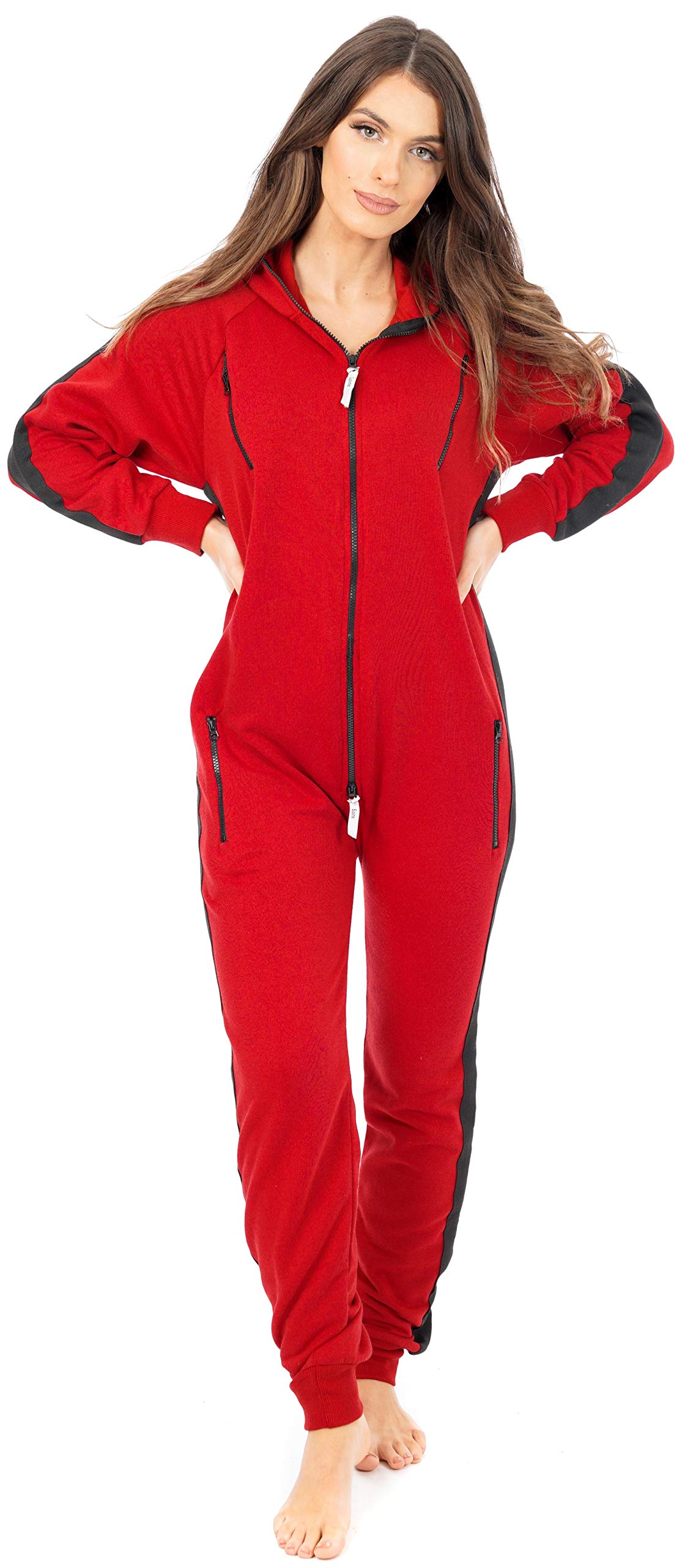 Newfacelook Women's Red Striped Onesie Jumpsuit One Piece Pajamas Unisex Nightwear All In One Hooded Onesies For Zip Up Fleece Overall Jumpsuit Playsuit S-Xl