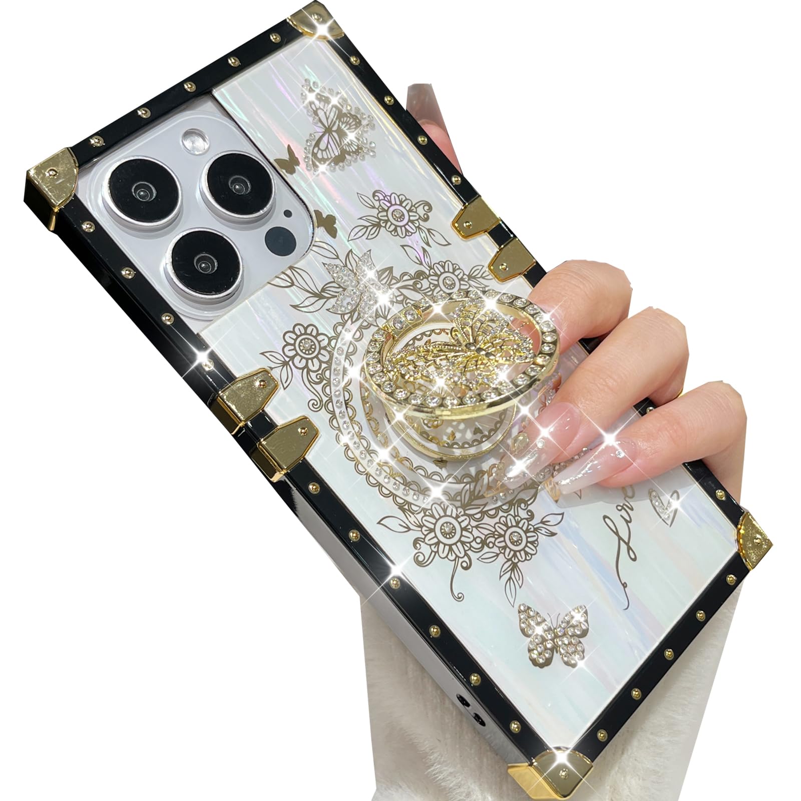 Changjia for iPhone 16 Pro Max Glitter Butterfly Kickstand Case,Cute Luxury Bling Sparkly with Ring Stand Elegant Floral TPU Shockproof Protective