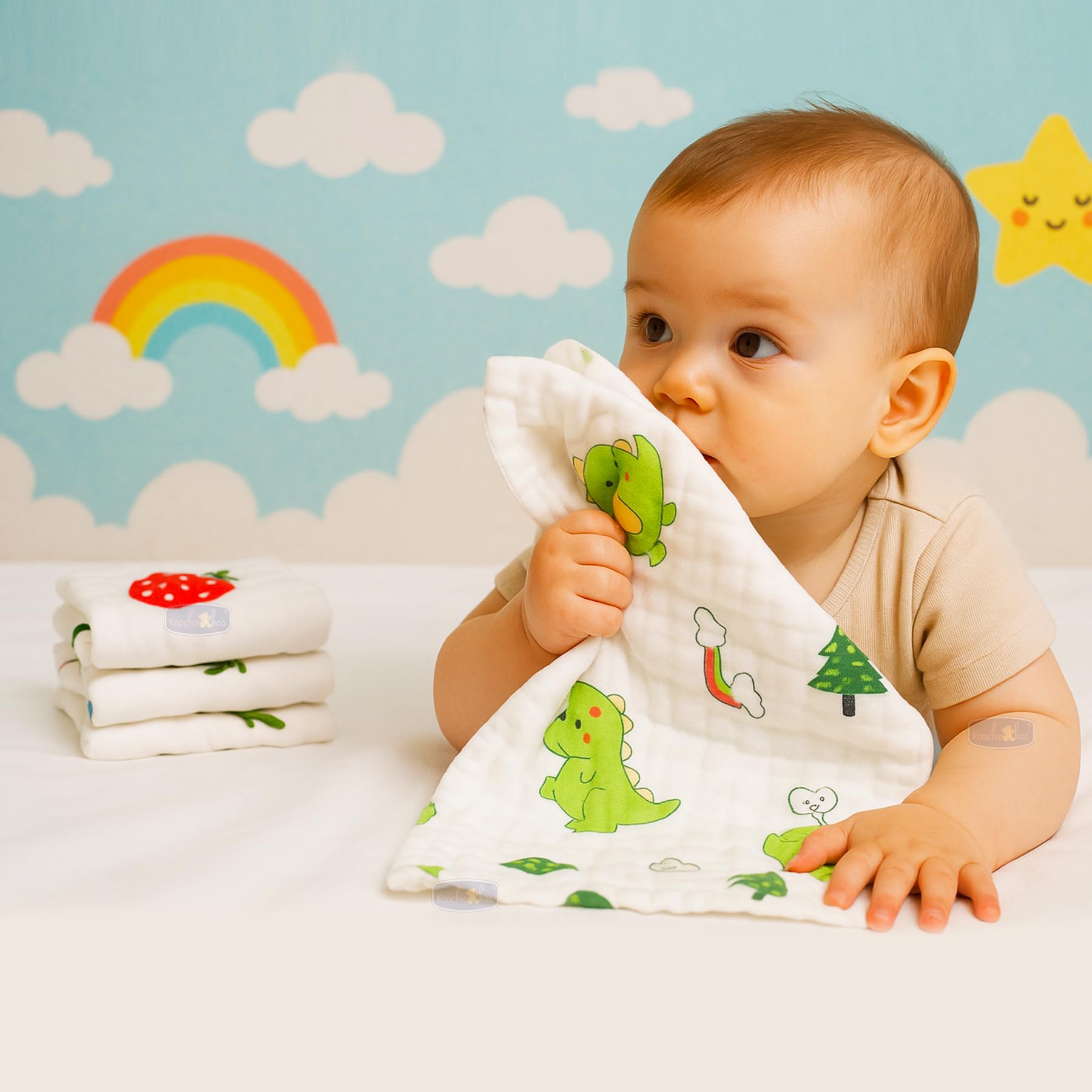 Koochie-Koo Soft Muslin Cloth for New Born Baby 500 GSM 25x25 cm, Pack of 5 Gentle Baby Towels Newborn Premium Bath Towels for Delicate Skin Gift for New Parents Fabric - Image 4 thumbnail
