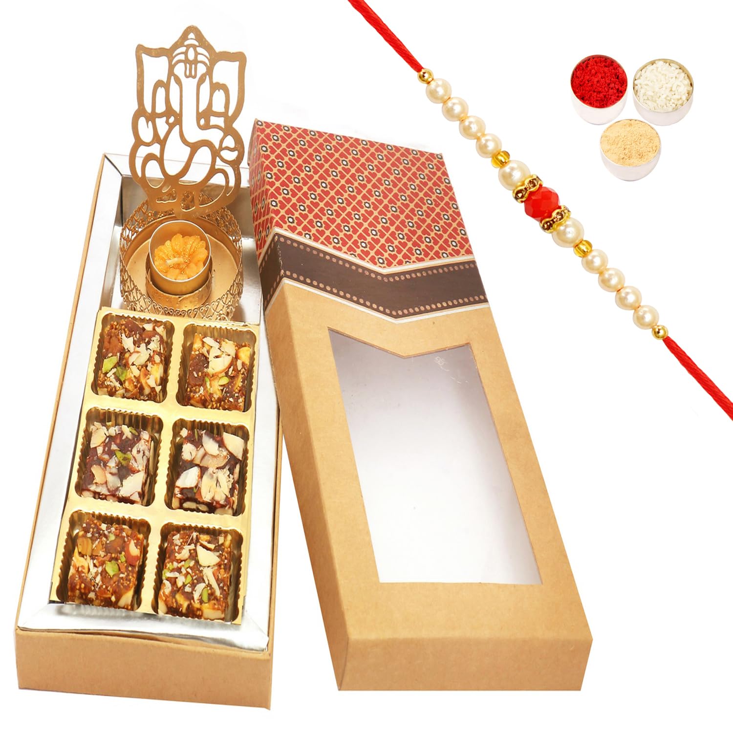 Ghasitaram GiftsRakhi Gifts for Brother Sugarfree Sweets - 6 pcs Sugarfree Bites and Shadow Ganesha T-Lite Kraft Box with Green Rudraksh Rakhi