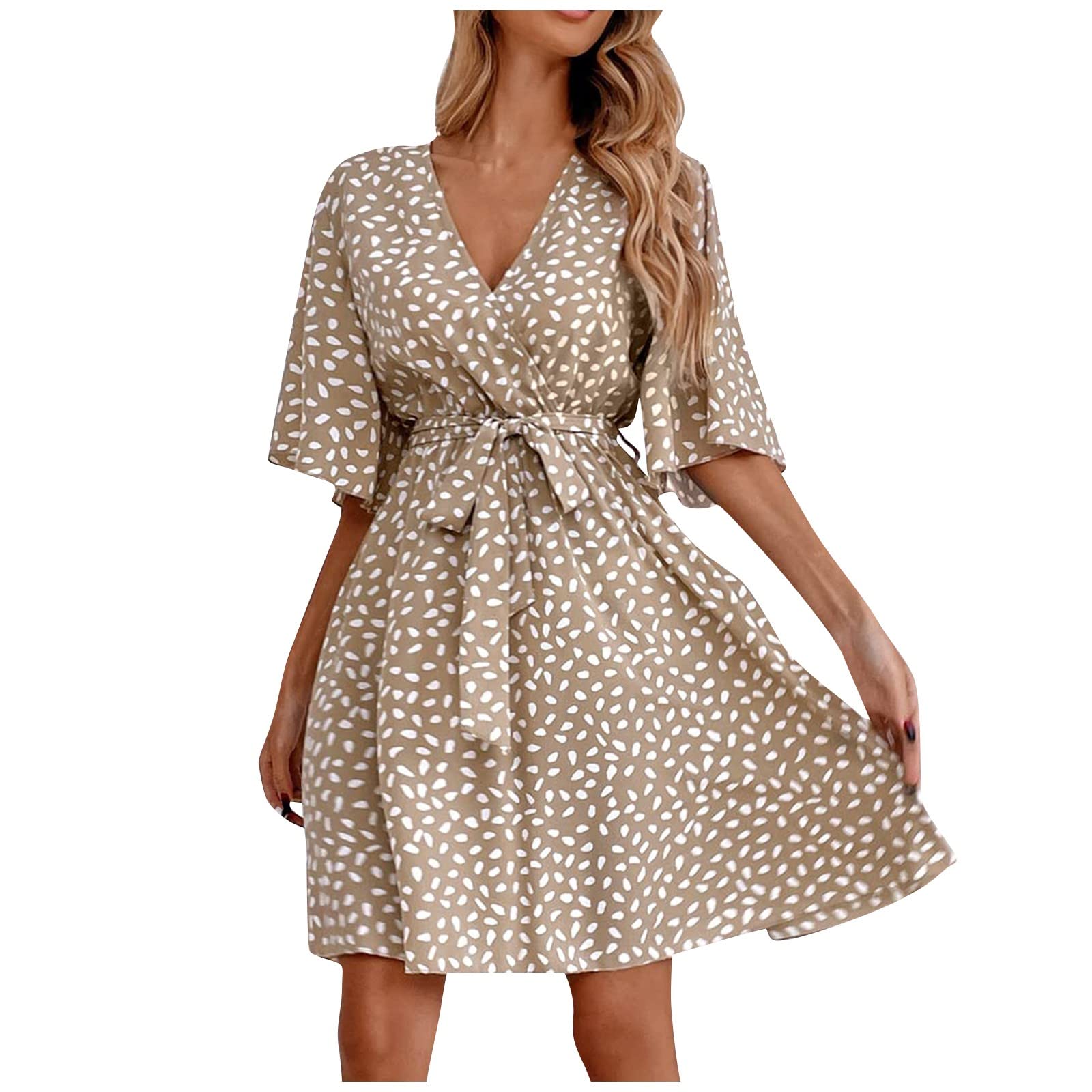 Eaktool Casual Dresses for Women Women's Fashion Casual Loose Comfortable Printed V-Neck with Belt Dress Dresses, S-XL