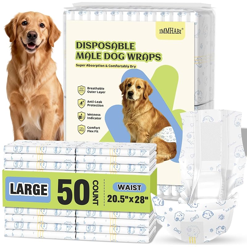 Fraldas Descartáveis para Cães Machos Grandes IMMHABI, Azul, Tamanho L, Pacote com 50