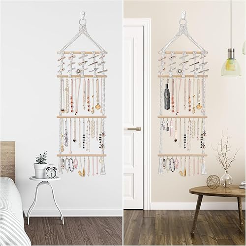 Miniatura 6 de Grathia Organizador de joyas colgante de macramé con 30 ganchos, estante para collares montado en la pared, colgador de collar con borla para