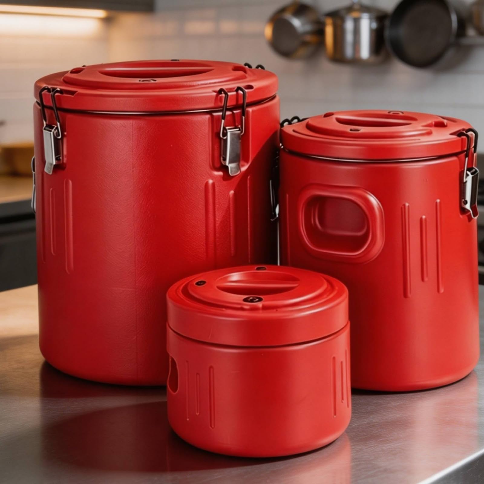 F Fityle 3 Piezas Cubo Isotérmico de Almacenamiento Contenedor Térmico Recipiente Conservador con Tapa Sellada y Pestillo Inoxidable con Asas Resistente para, Array, Rojo