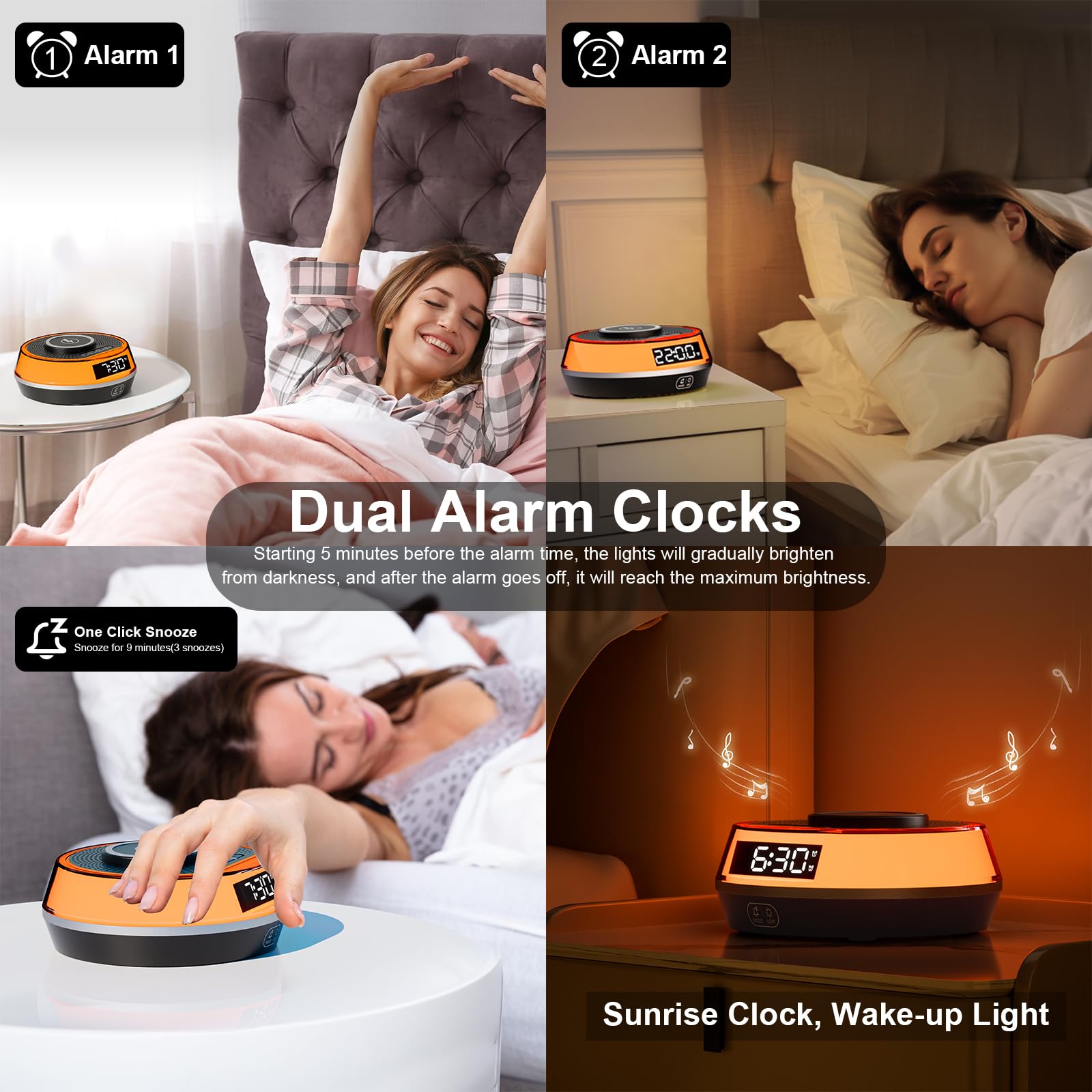 Schlafzimmer-Wecker mit kabellosem Laden, Bluetooth & RGB