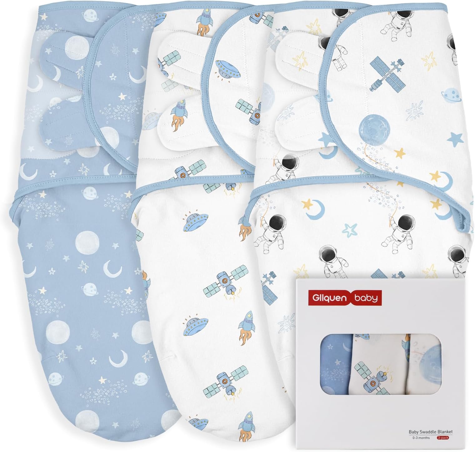 GLLQUEN BABY Baby Swaddle Wraps for 0-3 Months Newborn,Oeko-tex100,100% Breathable Organic Cotton Fabric Swadding Blankets,3 Pack(Astronaut)