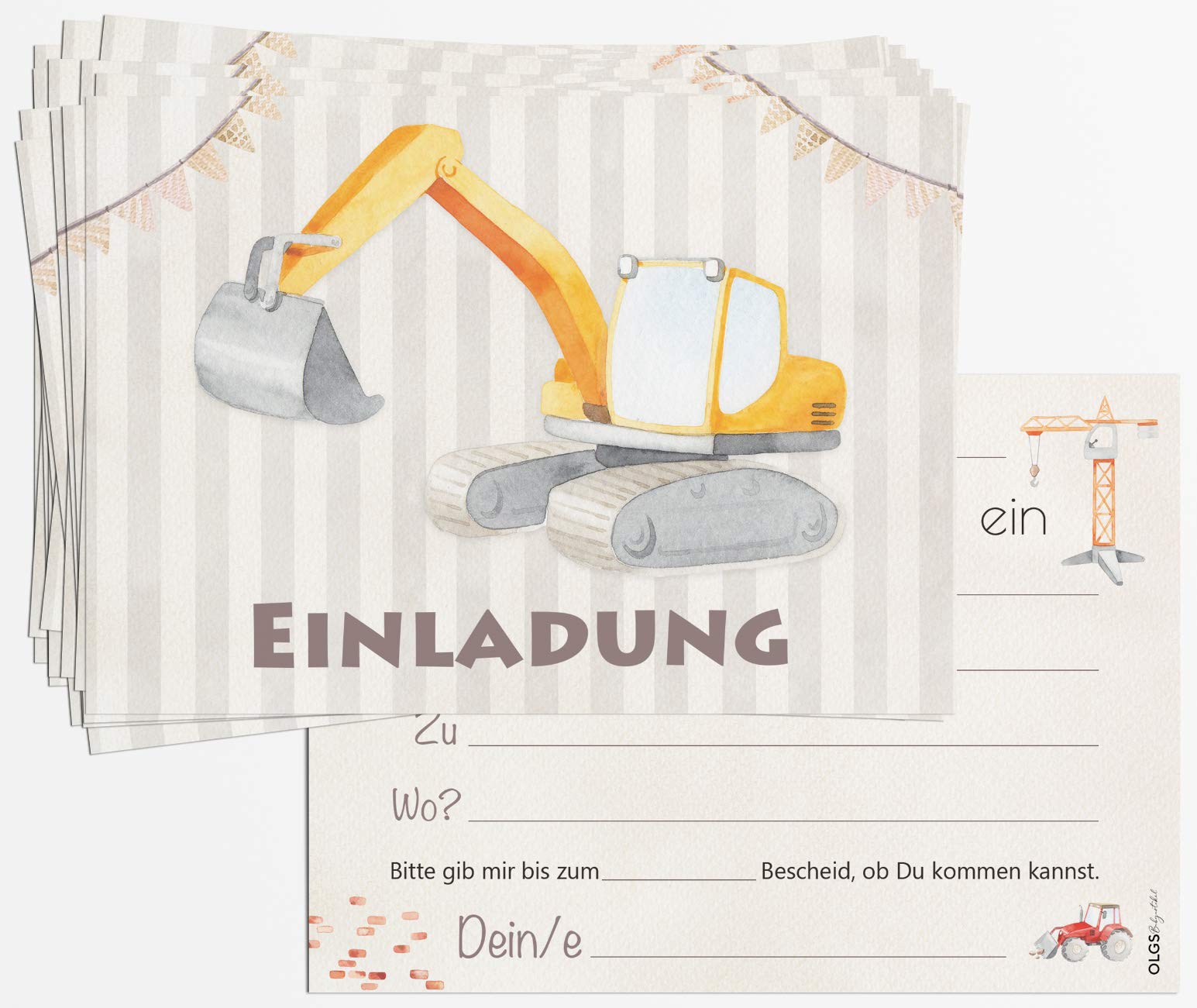 8 Einladungskarten Kindergeburtstag Bauarbeiter-Motiv – Mit Umschlägen, DIN A6, Zum Selbstausfüllen