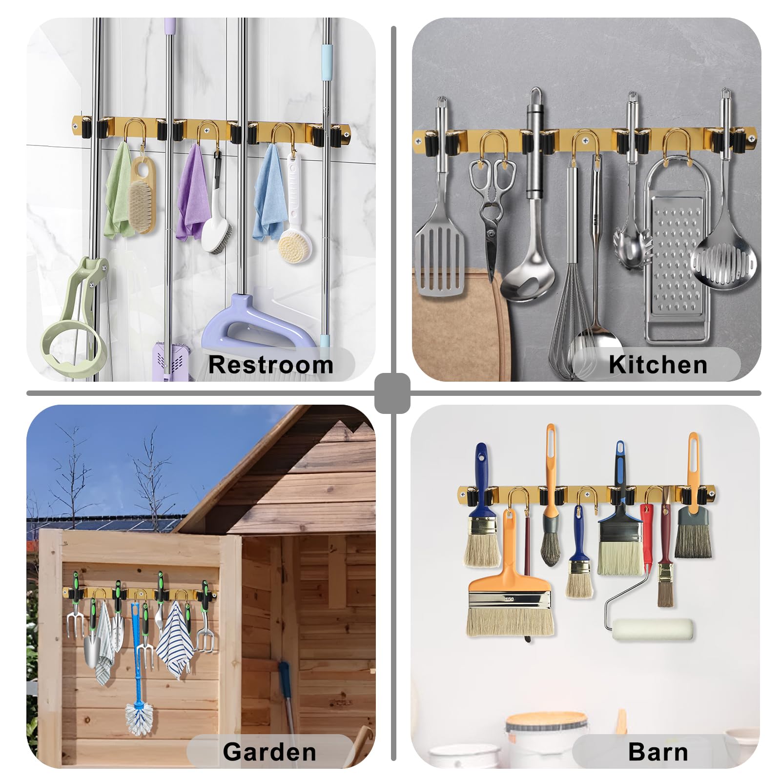 Soporte de pared para escoba, organizador de almacenamiento de herramientas de acero inoxidable dorado para cocina, jardín, garaje, lavandería, baño y caravana, con 4 ranuras, 6 ganchos