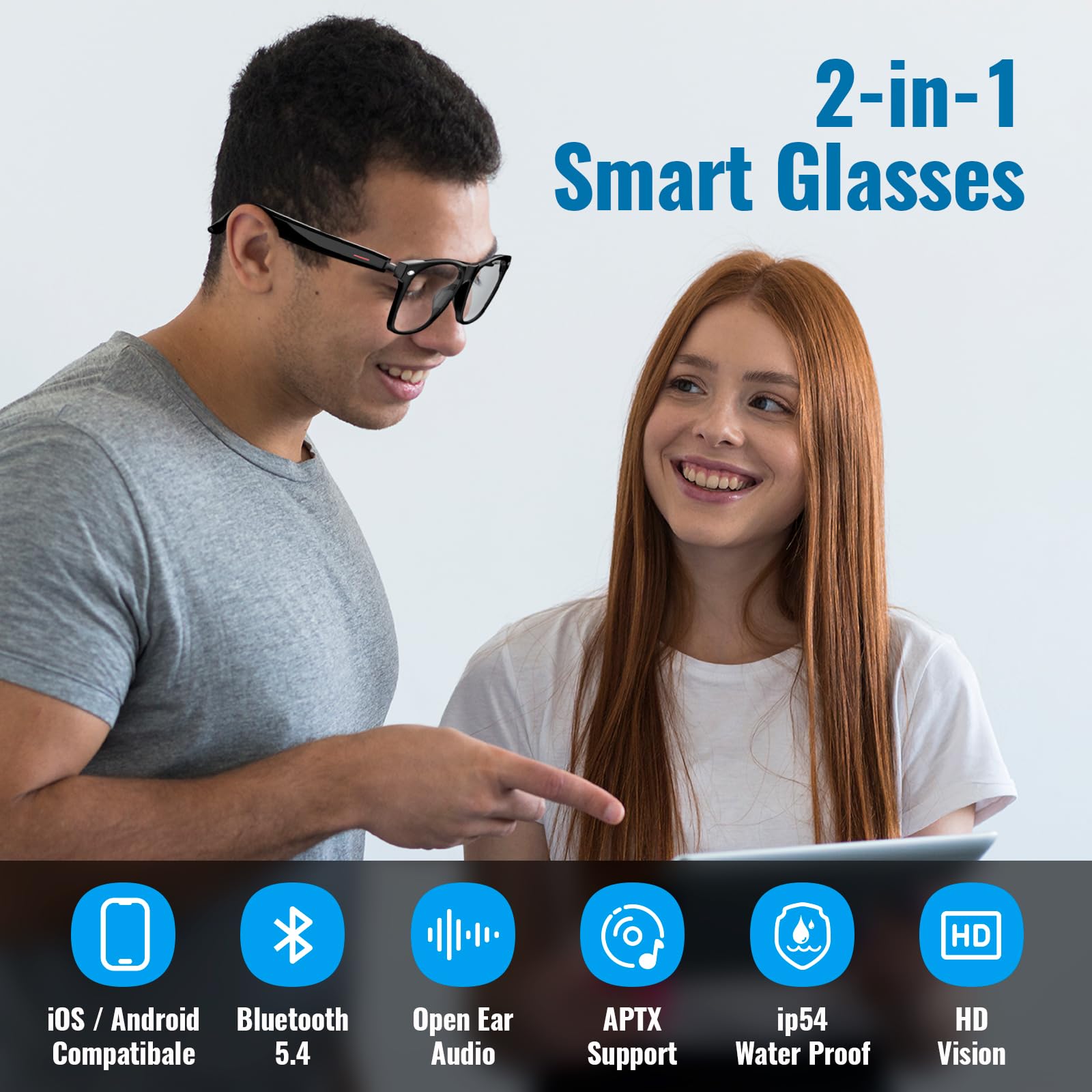 WGP Smart Glasses with AI Translation, Support 110+ Languages, Blue Light Blocking Glasses, Voice Recorder with App, Open Ear Headphones, Bluetooth Audio Glasses for Woman&Man(Black)