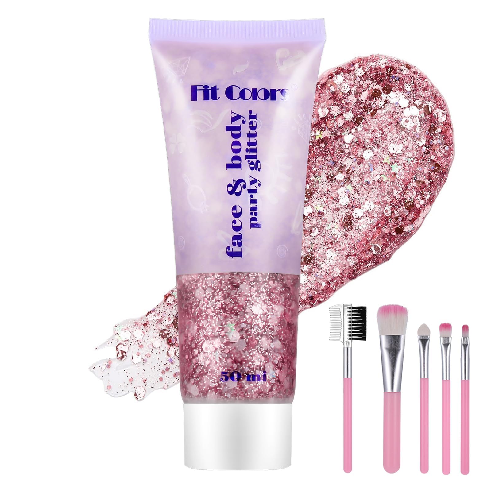 Huiguli Purpurina Cara Gel, 50ml Purpurina Pelo con 5 Brochas Maquillaje, Chunky Glitter para Rostro Cuerpo Cabello, Glitter Maquillaje para Halloween Niños Navidad Festival (Rosa)