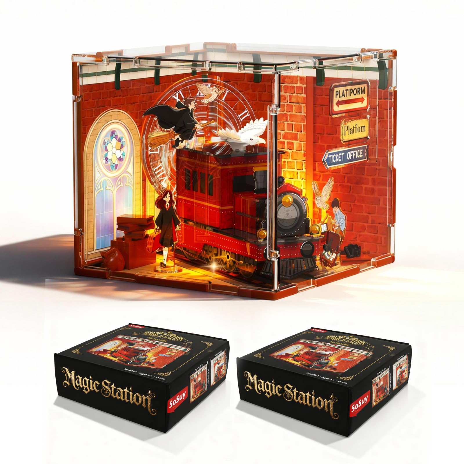 Sosuy Magic Train Station Book Nook Kit: Acrylic Train 3D Puzzle Model with Lights, Magical Platform Scene Wizard
