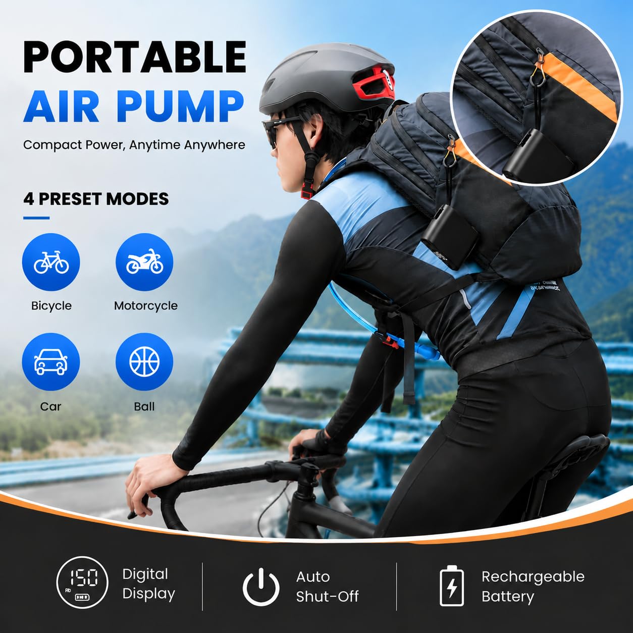 Compressore d'aria portatile per pneumatici auto, con manometro digitale, funzione di spegnimento automatico, pompa senza fili per auto, moto, bicicletta, palla