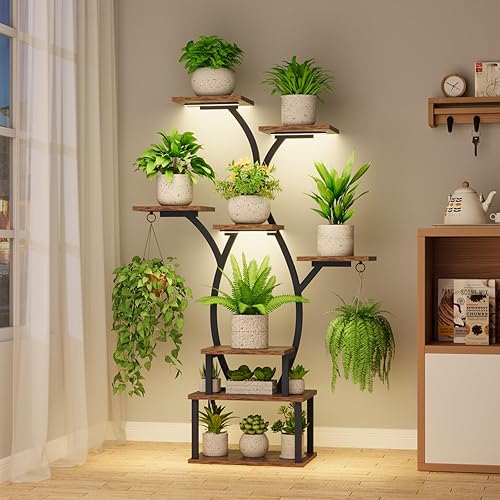 Soporte para plantas de interior con luz de crecimiento, estante para plantas de 8 niveles para múltiples plantas, soporte de esquina de metal para