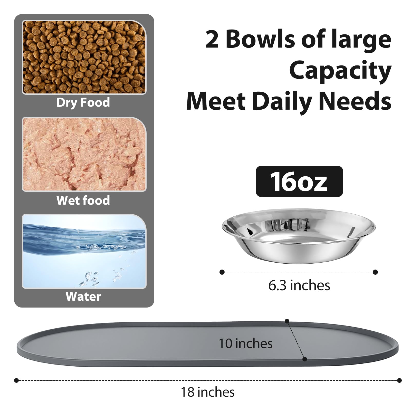 3-Pack Cat Bowls with Food Mat,6.3 Inches Stainless Steel Cat Food Bowl,Wide Tapered Design Whisker-Friendly Food and Water Bowl for Feeding Dogs and Cats,Dishwasher Safe,SUS 316 - image 7