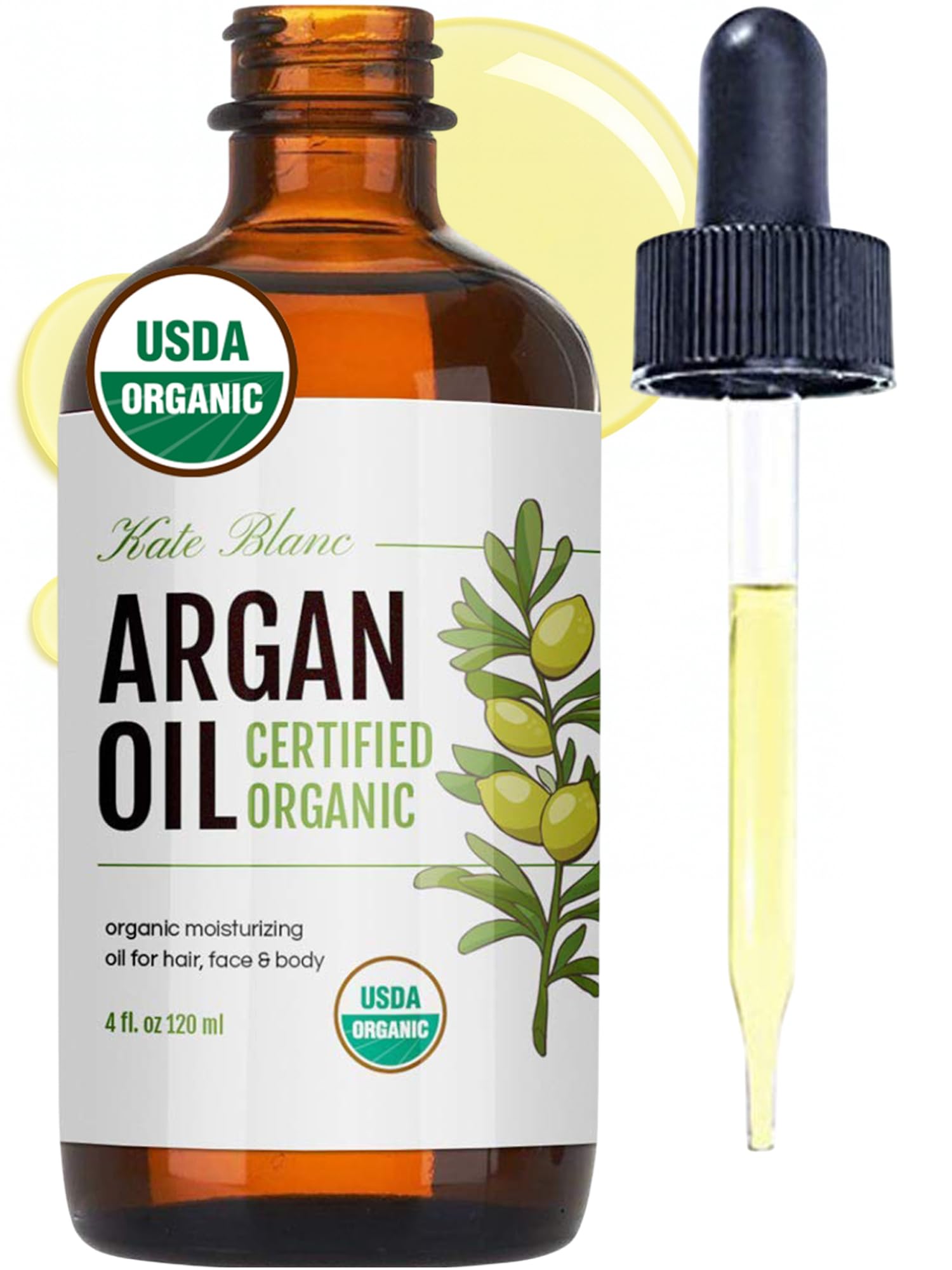 Moroccan Argan Oil, USDA Certified Organic, Virgin, 100% Pure, Cold Pressed by Kate Blanc. Stimulate Growth for Dry and Damaged Hair. Skin Moisturizer. Nails Protector. 1-Year Guarantee. (Light 4oz)