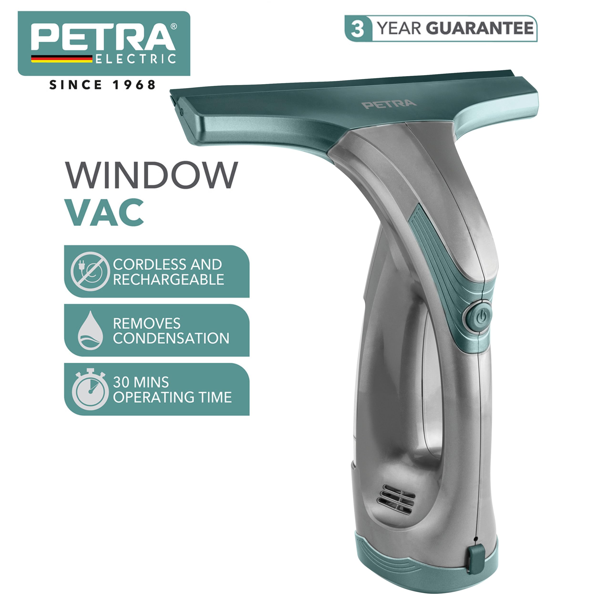 Petra PF0749VDEEU10 inalámbrico Aspirador para ventanas - batería recargable de 3,7 V, aspirador con cabezal ligero, depósito de 60 ml, hasta 30 minutos, sin marcas, elimina la condensación