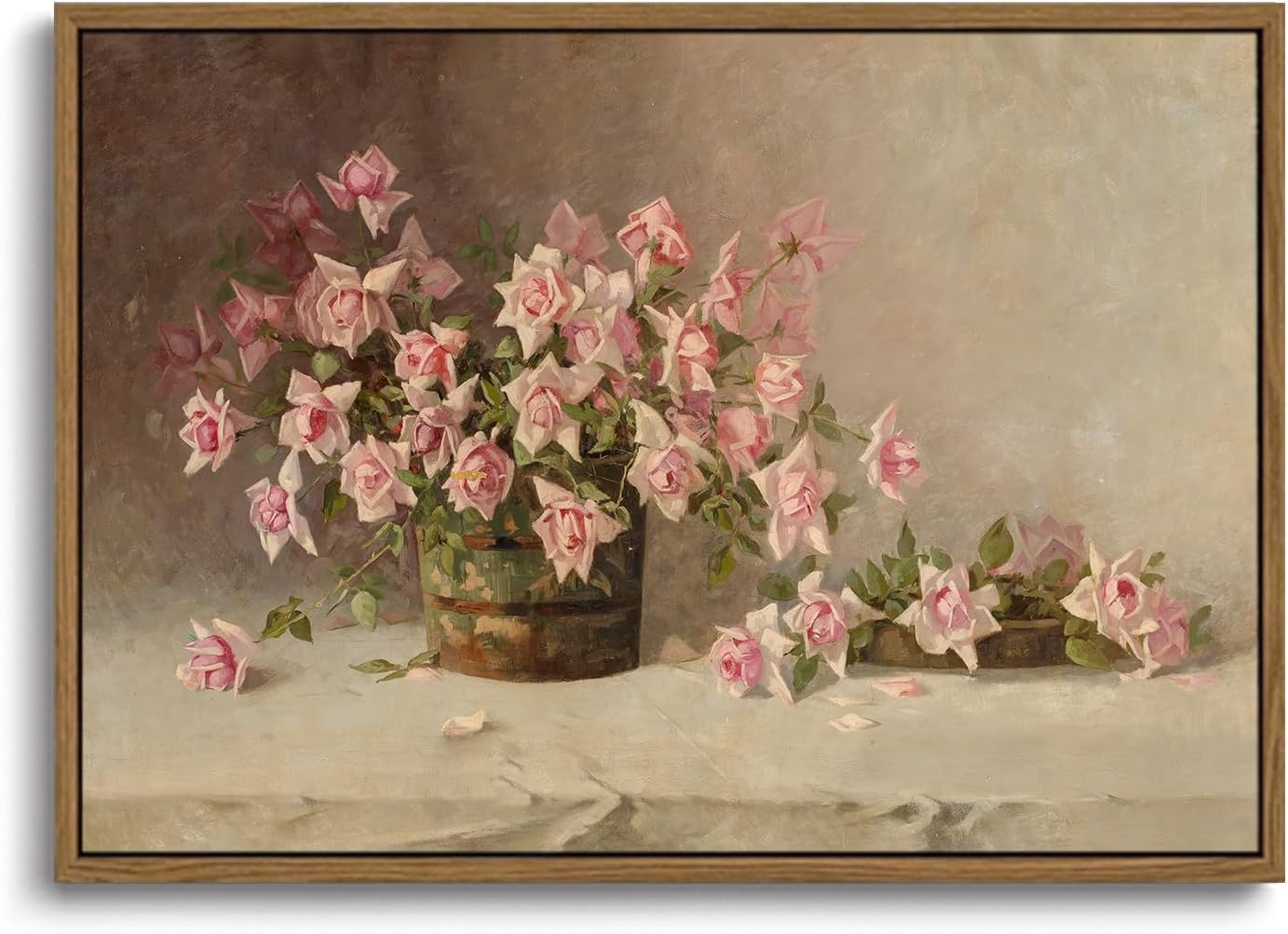 KISSFOX Vintage Floral Framed Wall Art Pink Flower Wall Art Paintings Pictures Wall Decor Modern Farmhouse Roses Canvas Art Prints Rustic Retro Still Life Artwork For Bedroom Kitchen Living Room Pink Flower Framed 16x24 in