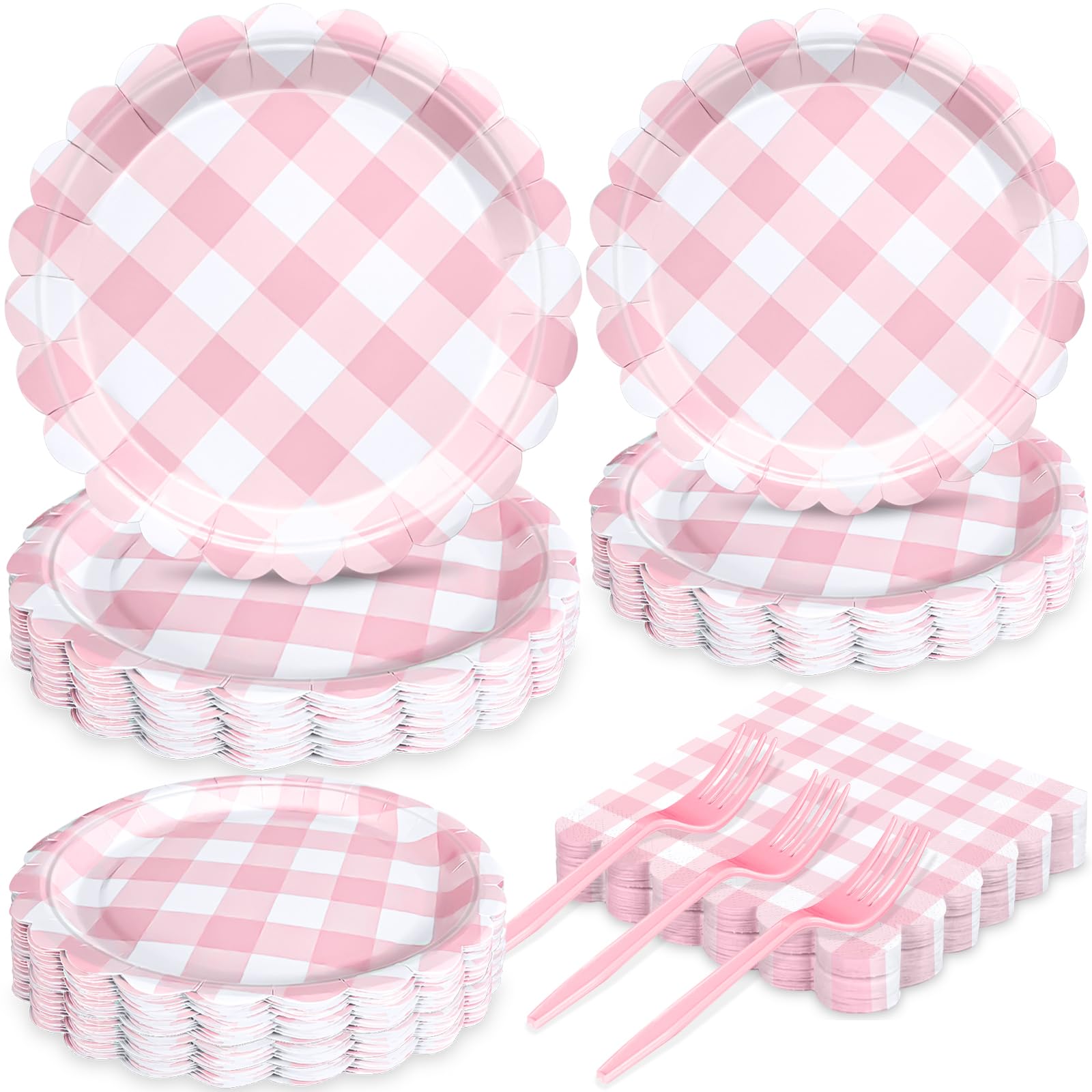 JCTHKUKU 96 Pcs Pink Scalloped Gingham Party Supplies for 24 Guests, Pink and White Checkered Paper Plates, Plates and Napkins Sets for Baby & Bridal