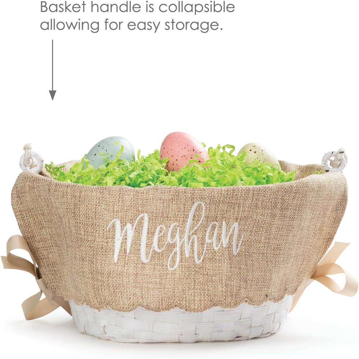 Personalized Easter Egg Basket with Handle and Custom Name in White Script | Scallop Edge Burlap Liner | White Baskets | Woven Easter Baskets for Kids Adults | Customized Easter Basket