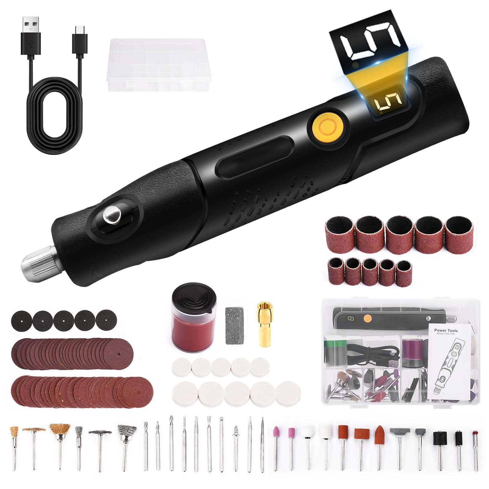 KASTWAVE Mini Cordless Rotary Tool Kit, 5-Speed Multi-Purpose Power Tool, LED Screen Display, for Sanding, Engraving, Polishing, Drilling, Handmade Crafting, DIY Creations