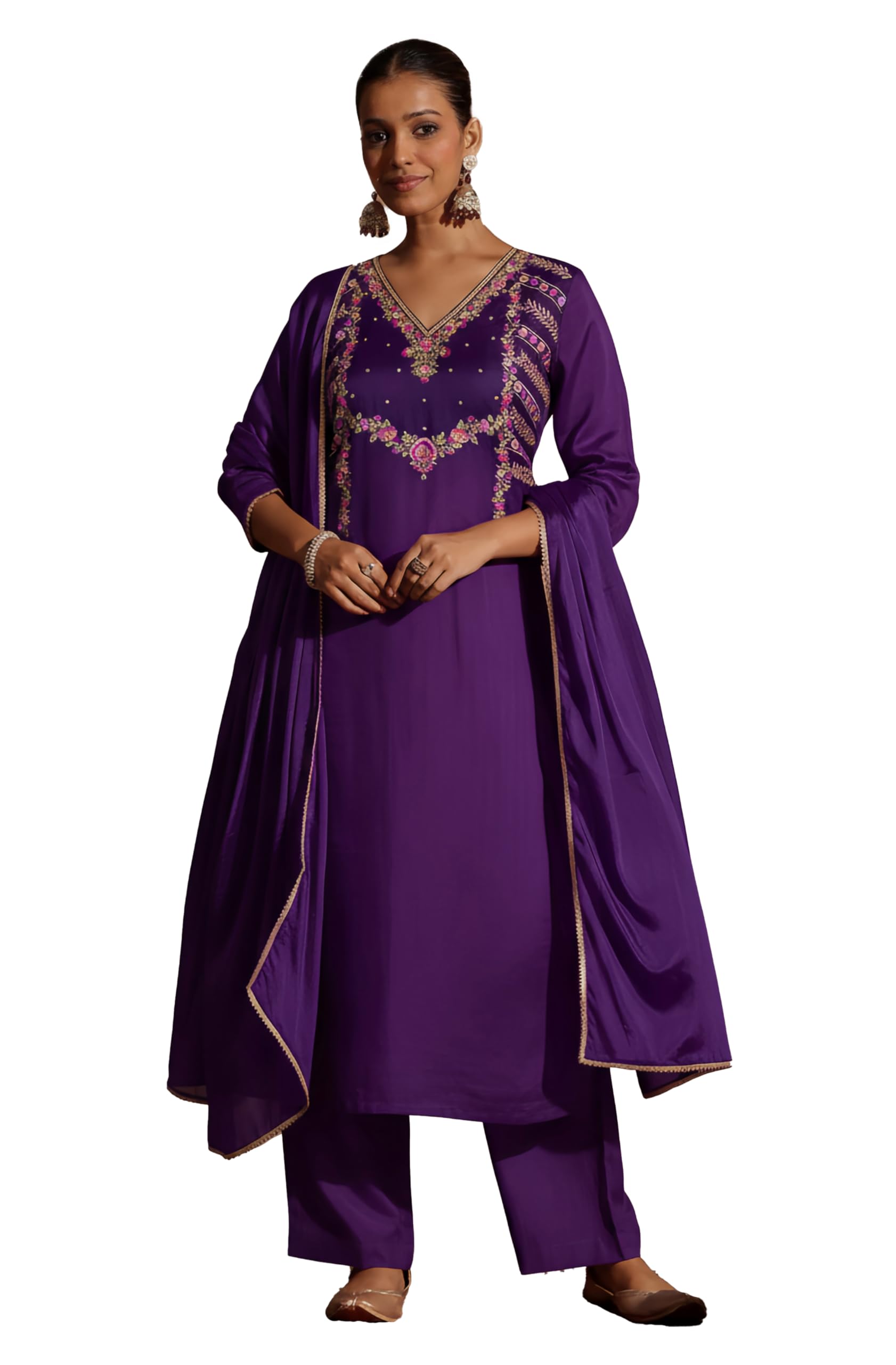 janasya Women's Purple Silk Blend Embroidered Straight Kurta Set-picture-36