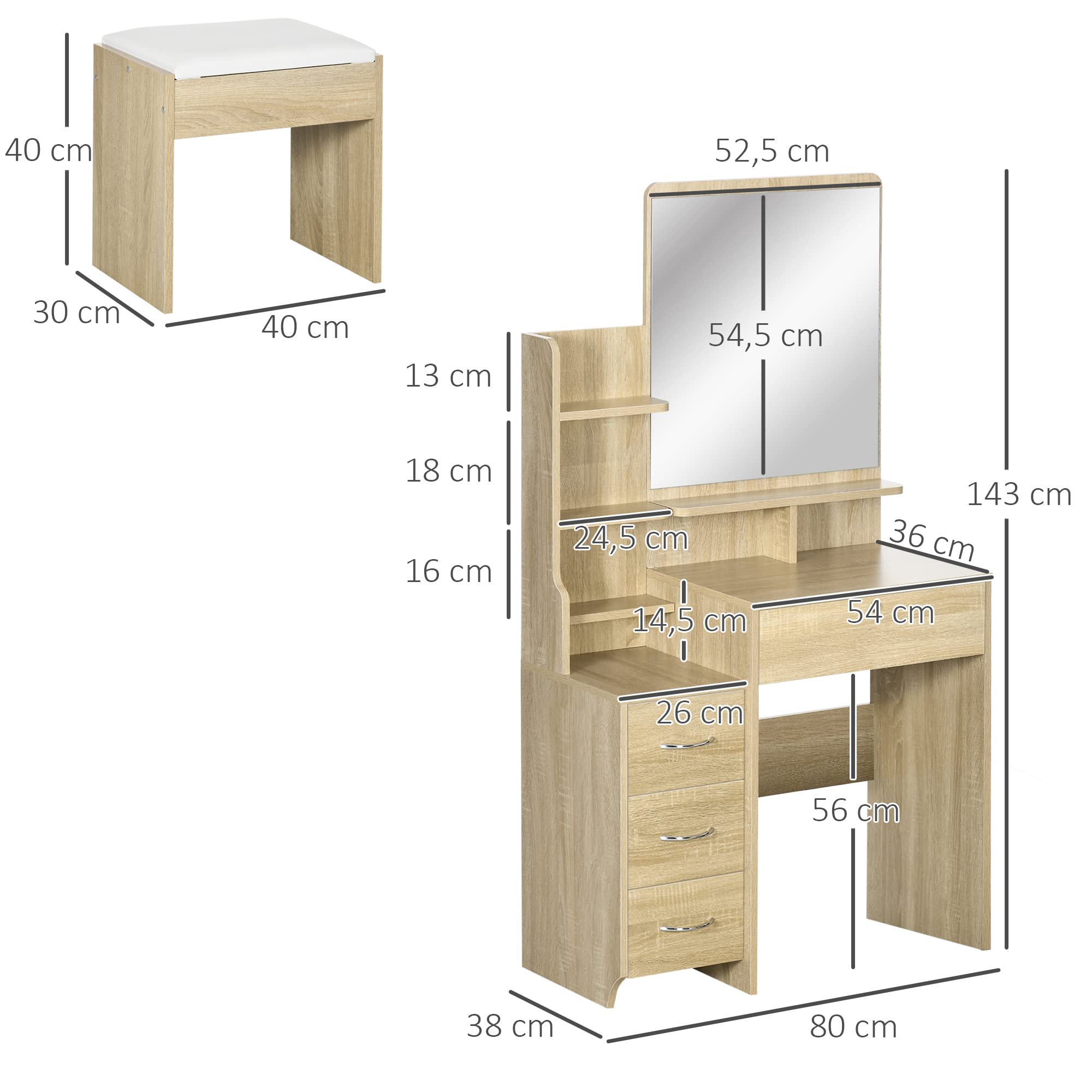 HOMCOM Tocador de Maquillaje con Taburete, Tocador con Espejo, 4 Cajones, Estantes, Compartimentos Abiertos, Estilo Moderno, para Dormitorio, Vestidor, 80x38x143 cm, Natural