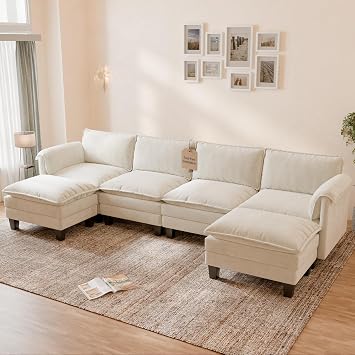 ELUCHANG Modular Cloud Sofa, 336cm U-Shaped Sofa with 2 Ottomans, Modern Chenille 4 Seater Corner Couch with 62cm Deep Seat, Tool-Free Assembly for Living Room, Apartments & Guest Room, Beige