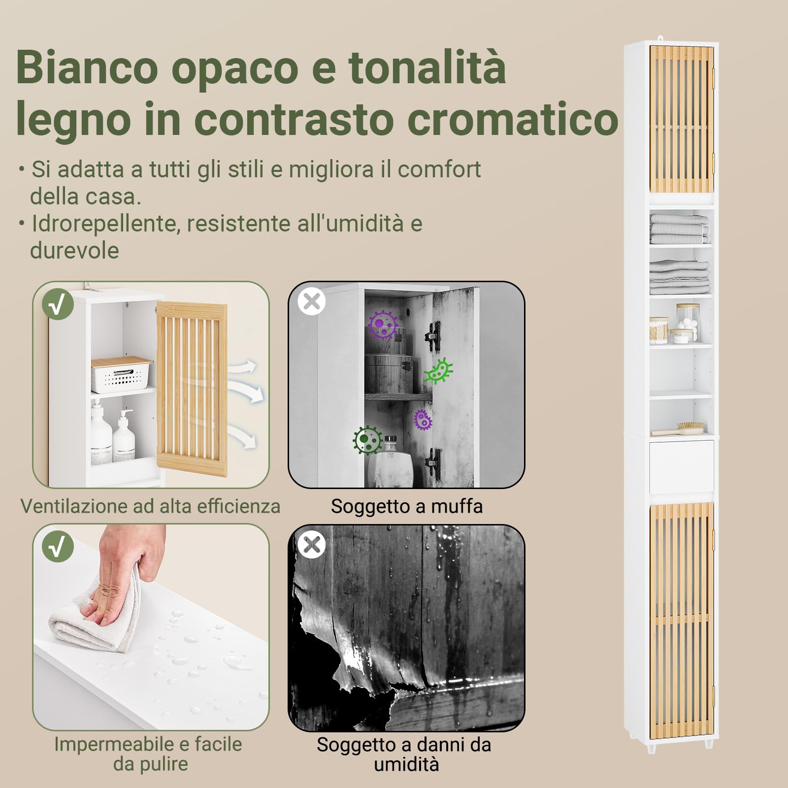 SoBuy Mobile Bagno Salvaspazio Colonna Armadietto Alto con 6 Ripiani Regolabili, Colonna Bagno con Ante in Bambù, Mobile Alto e Stretto per Piccoli Spazi, Bianco, 20x20x180cm, BZR34-BW