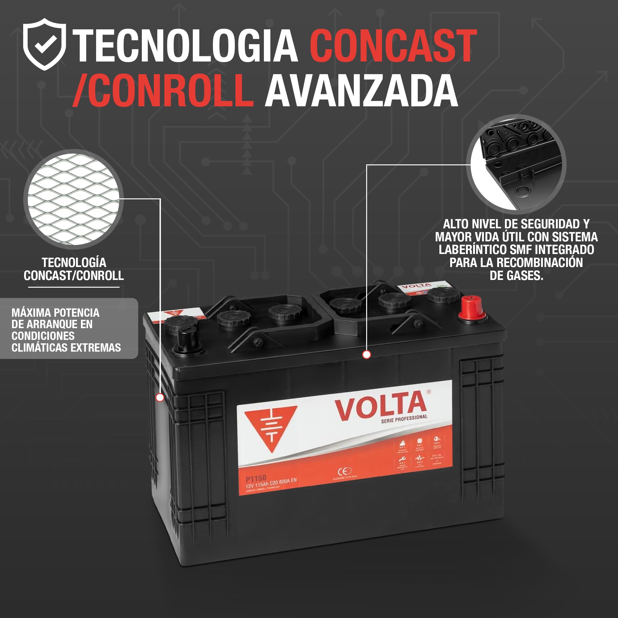 Bateria de Camión Professional 115Ah 800A - Borne +Dcha - Medidas Largo 345 x Ancho 175 x Alto 238 mm con 2 años de Garantía - Fabricación Europea.