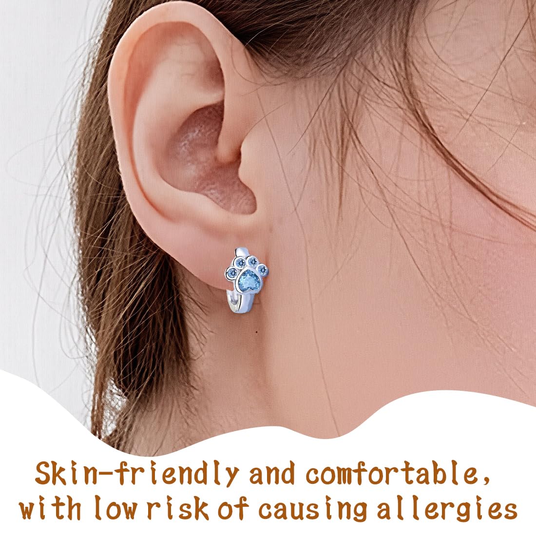 Aretes de pata de gatos con diseño huella Cristal Circonita, Joyería Elegante para niña, Azul Brillante