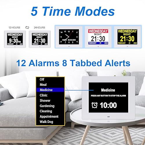 Miniatura 3 de Reloj de demencia con calendario digital grande para personas mayores con fecha y hora para ancianos, pantalla grande, con 12 alarmas personalizadas
