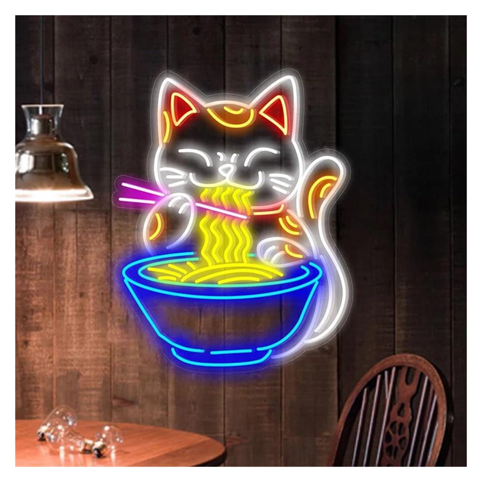 LEMST Sign Lamp Commercial Signs Blue Bowl Cat Neon Signs USB Powered Adjustable Brightness Eating Noodles Cat Neon Lights 39cmx50cm
