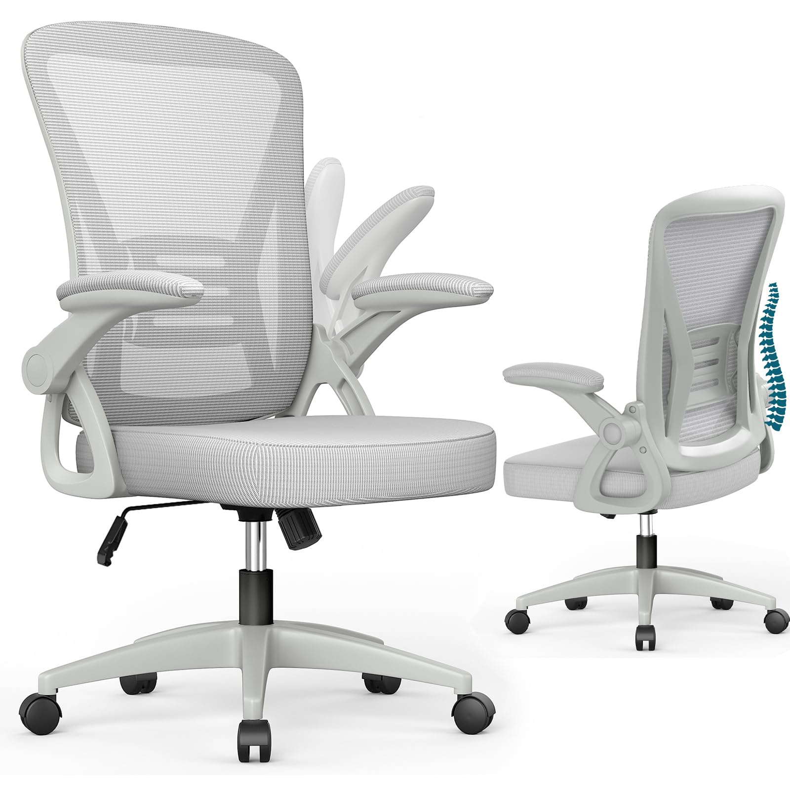 Silla de oficina ergonómica con reposabrazos abatibles de 90° y soporte lumbar, cojín de asiento de esponja de alta densidad, con elevación de gas (capacidad de 150 kg) y respaldo de malla