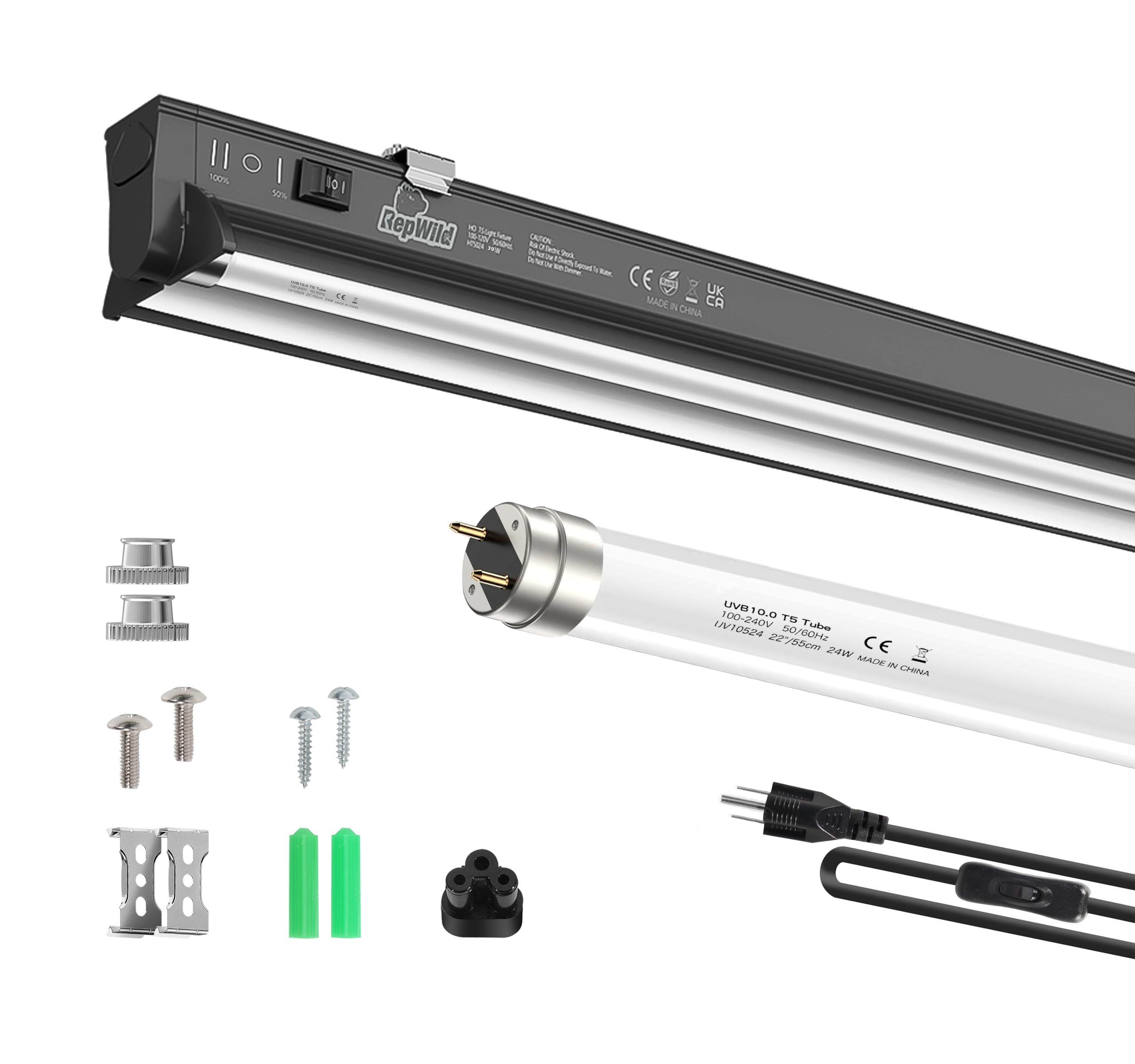 T5 HO 10.0 UVB Light for Reptiles, 24W Light Fixture Combo Kit with Switchable 5.0 & 10.0 UVB Output, 22" Fluorescent Tube UVA UVB Reptile Light for Reptile Eco-Tanks and Aquariums