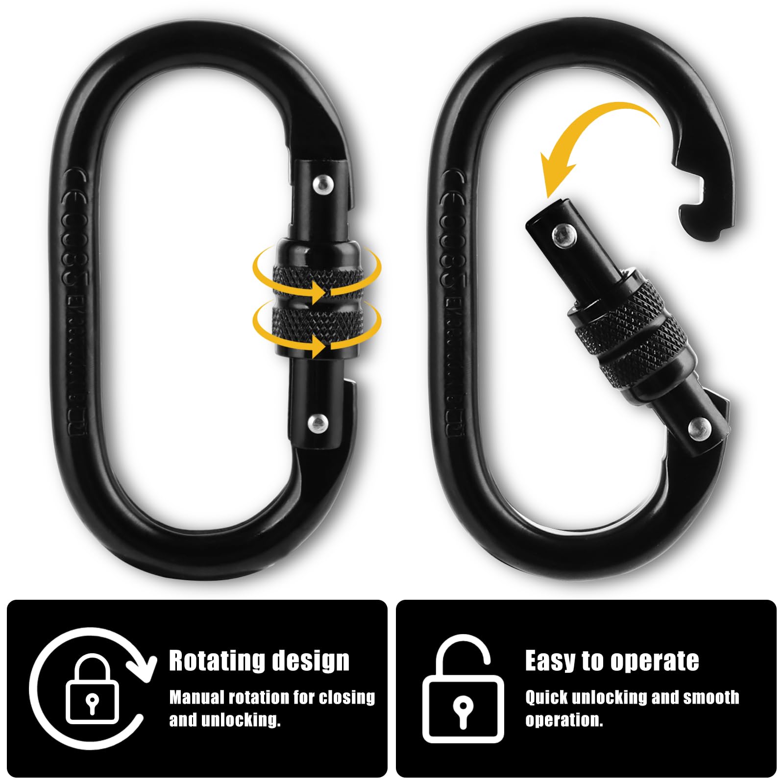 Mosquetones Grandes 4 Piezas, Mosquetón Grande 25KN 11cm Acero Aleado Negro para Hamaca, Senderismo, Mosquetón Llavero