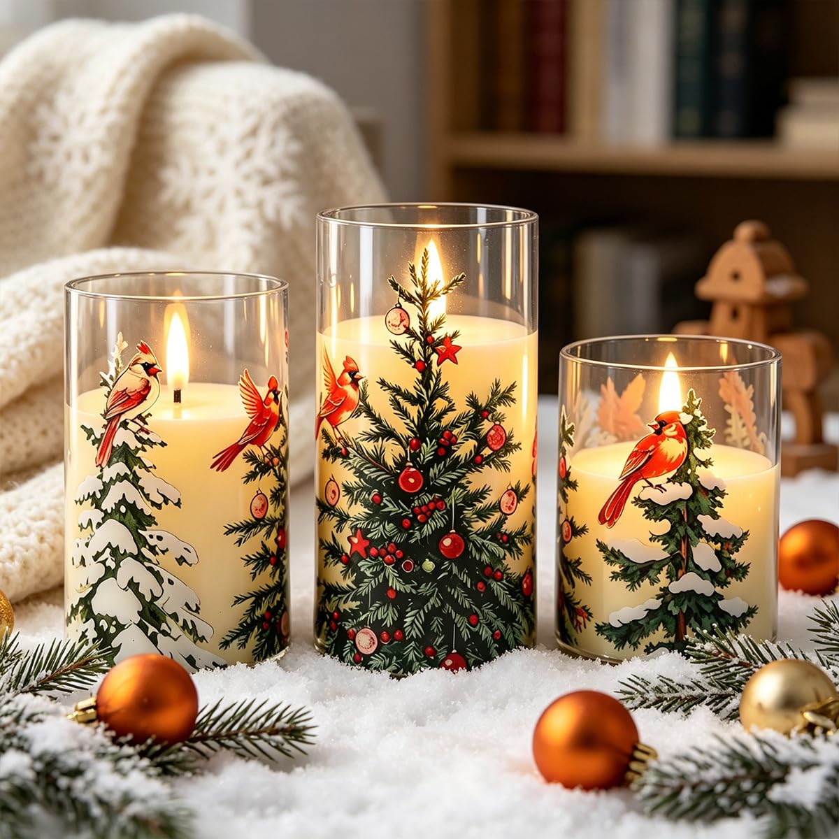 Flameless Votive Candles, 3 Pcs Flickering Flameless Maple Leaf Candle Lights with Remote & Timer, Battery Operated LED Candle Lights for Halloween Christmas Wedding (White-Christmas Tree)