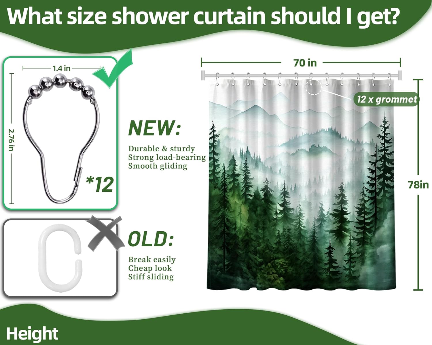 Dark Green Forest Shower Curtain White and Green Shower Curtains for Bathroom Decor Sets, Mountain Pattern, Waterproof Polyester Fabric with Hooks, 70 x 78 in
