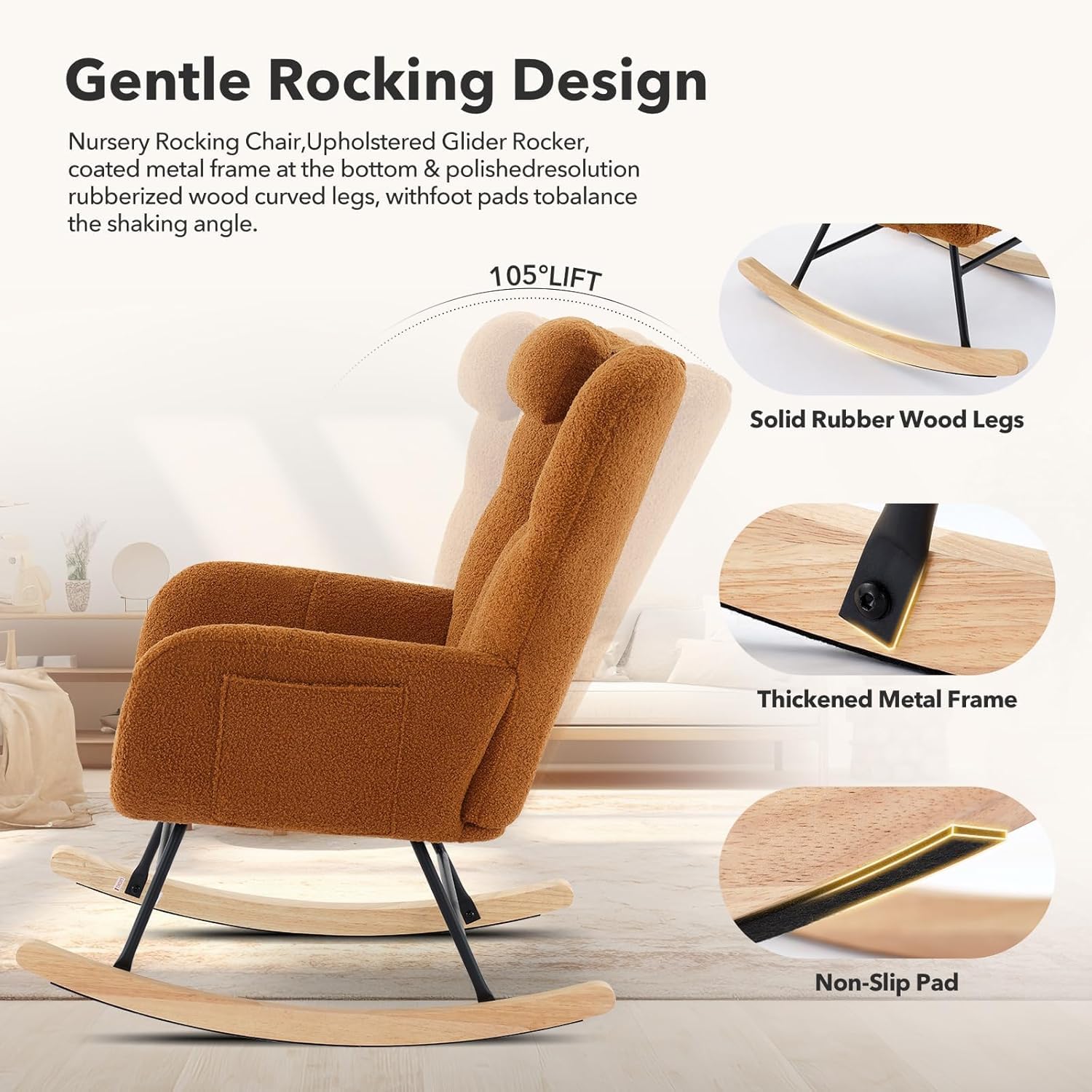 Fauteuil a Bascule, Fauteuil Allaitement pour Salon,Fauteuils Rembourrés en Peluche avec Dossier Haut, Cadre en Métal et Bois avec Poches Latérales,pour la Nurserie,Chambre, Marron