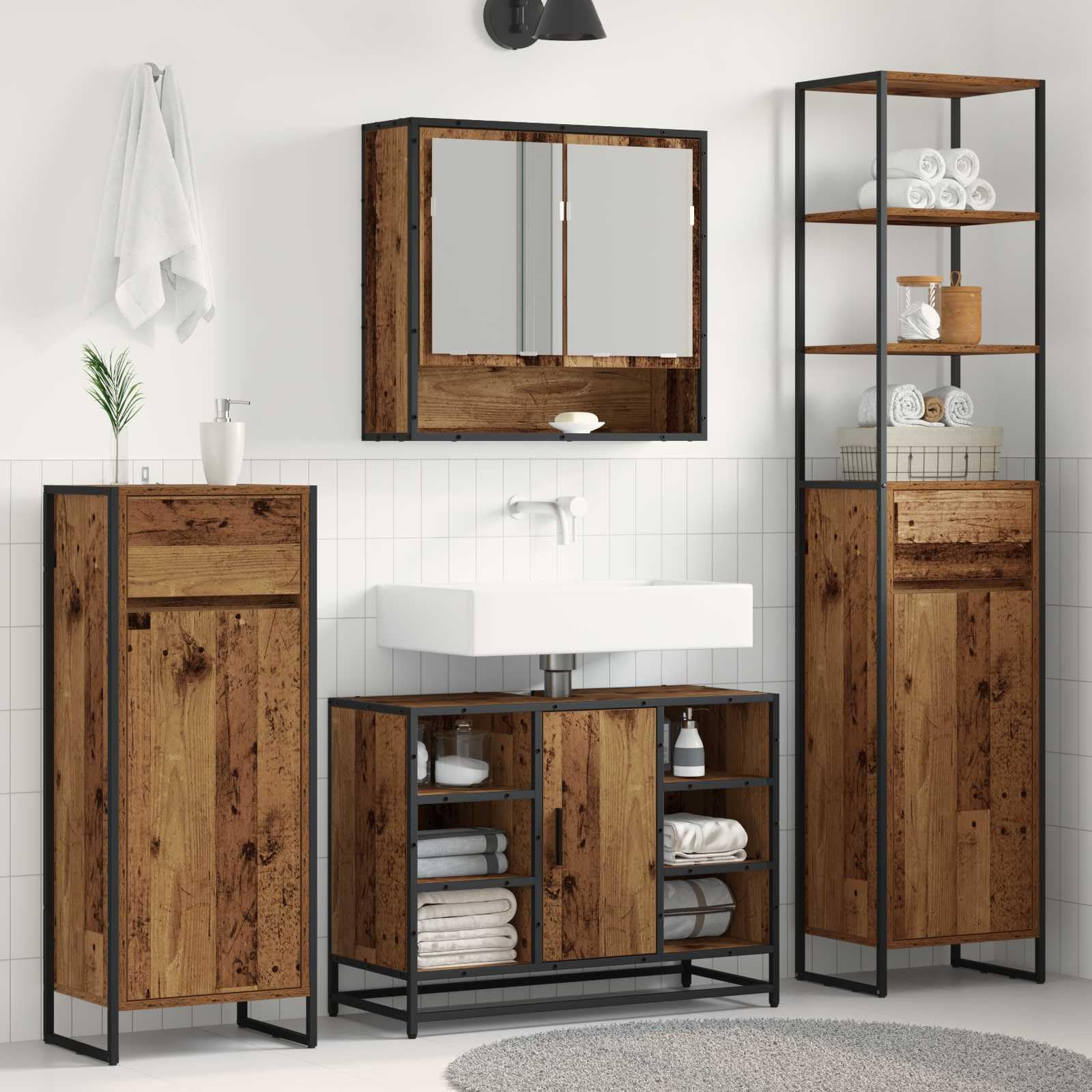 Mueble de baño de madera vieja 40 x 30 x 100 cm con cajón y puerta, ahorra espacio, patas de acero, moderno
