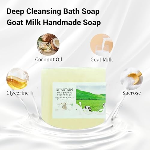 Miniatura 5 de yoniagood Paquete de 3 barras de jabón de leche de cabra natural para cara y cuerpo, barra de jabón de leche hecha a mano con aceite de coco, jabón