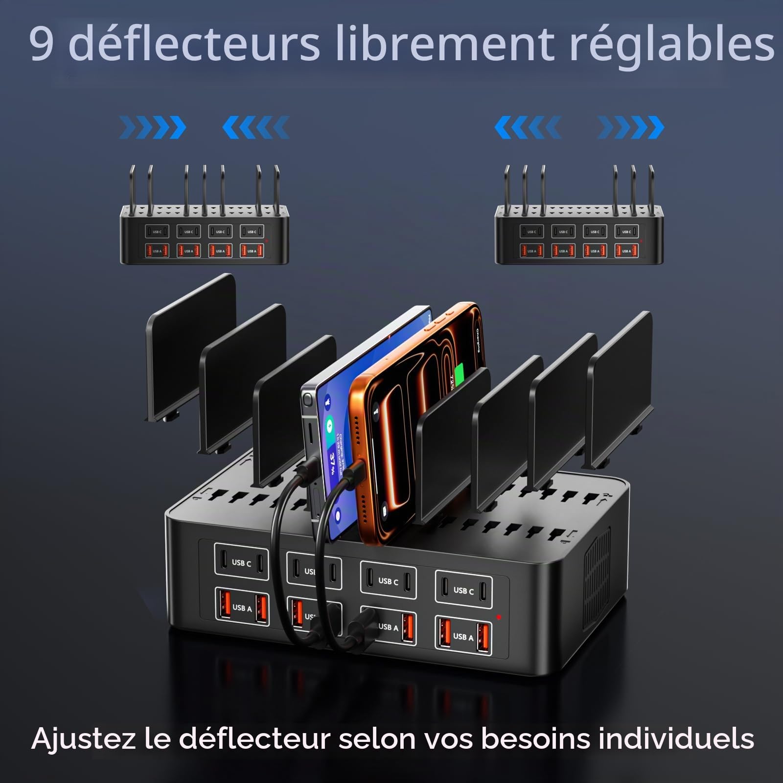 Station de Chargeur USB Multiple,16 Ports 150W Chargeur Adaptateur Secteur, avec séparateur réglable et Amovible, concentrateur d'alimentation USB C, Compatible avec iPhone/Galaxy/Andere USB-Geräte