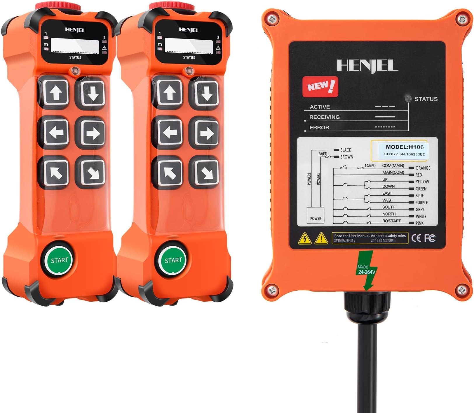6 Channel Button Industrial Crane Wireless Remote Control for Hoist Overhead Bridge Crane Radio Gantry Crane Controller 2 Transmitters and Receiver 24V 36V 110V 220V