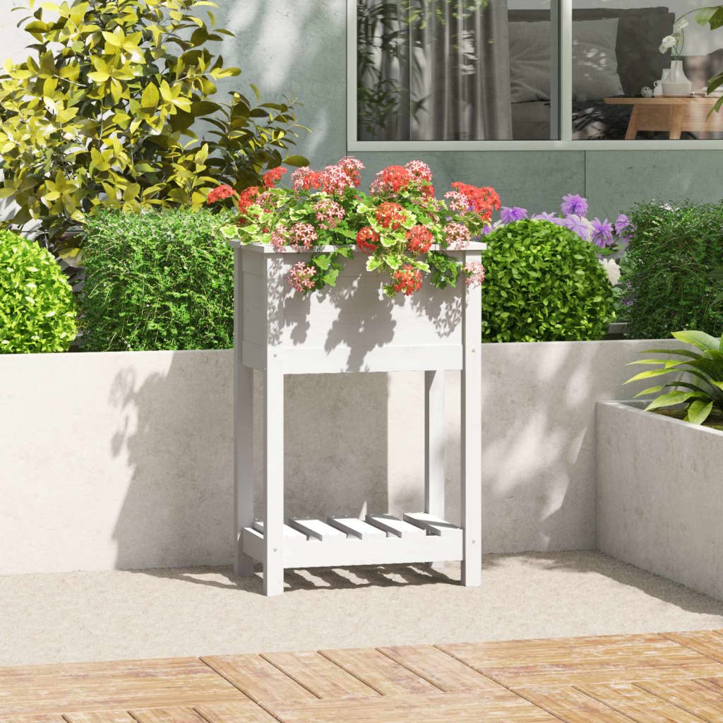 Jardinera con estante de madera maciza de pino blanco, 54 x 34,5 x 81 cm, para balcón y patio, maceta de jardín elevada con amplio espacio para plantas, hierbas aromáticas y flores,