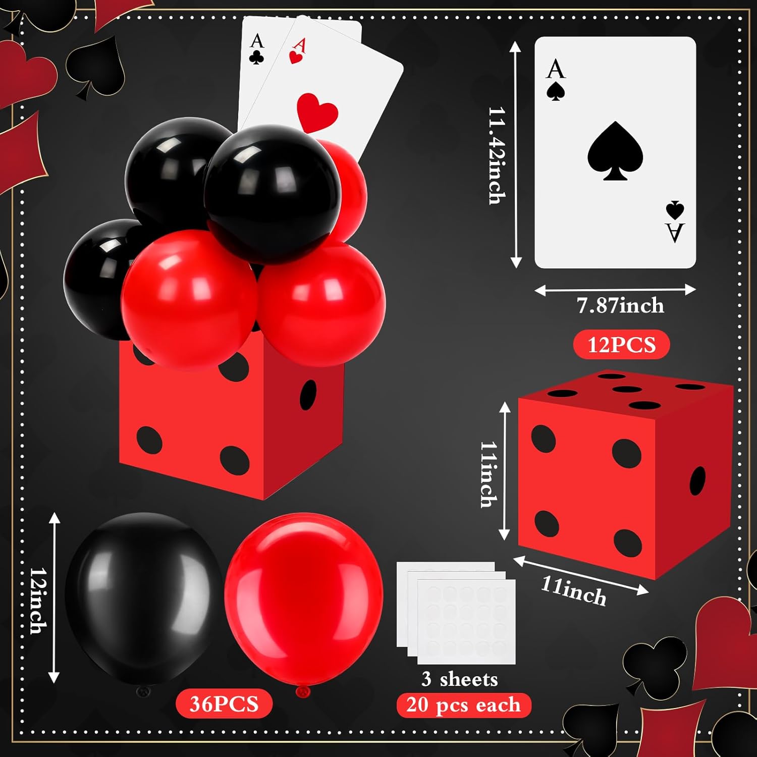 54 Pcs Casino Theme Party Decoration Including 6 Pcs 11inch Large Casino Dice Boxes 12 Pcs Poker Playing Cards Balloons for Dice Game Night Table Centerpieces Birthday Party Supplies (Classic)