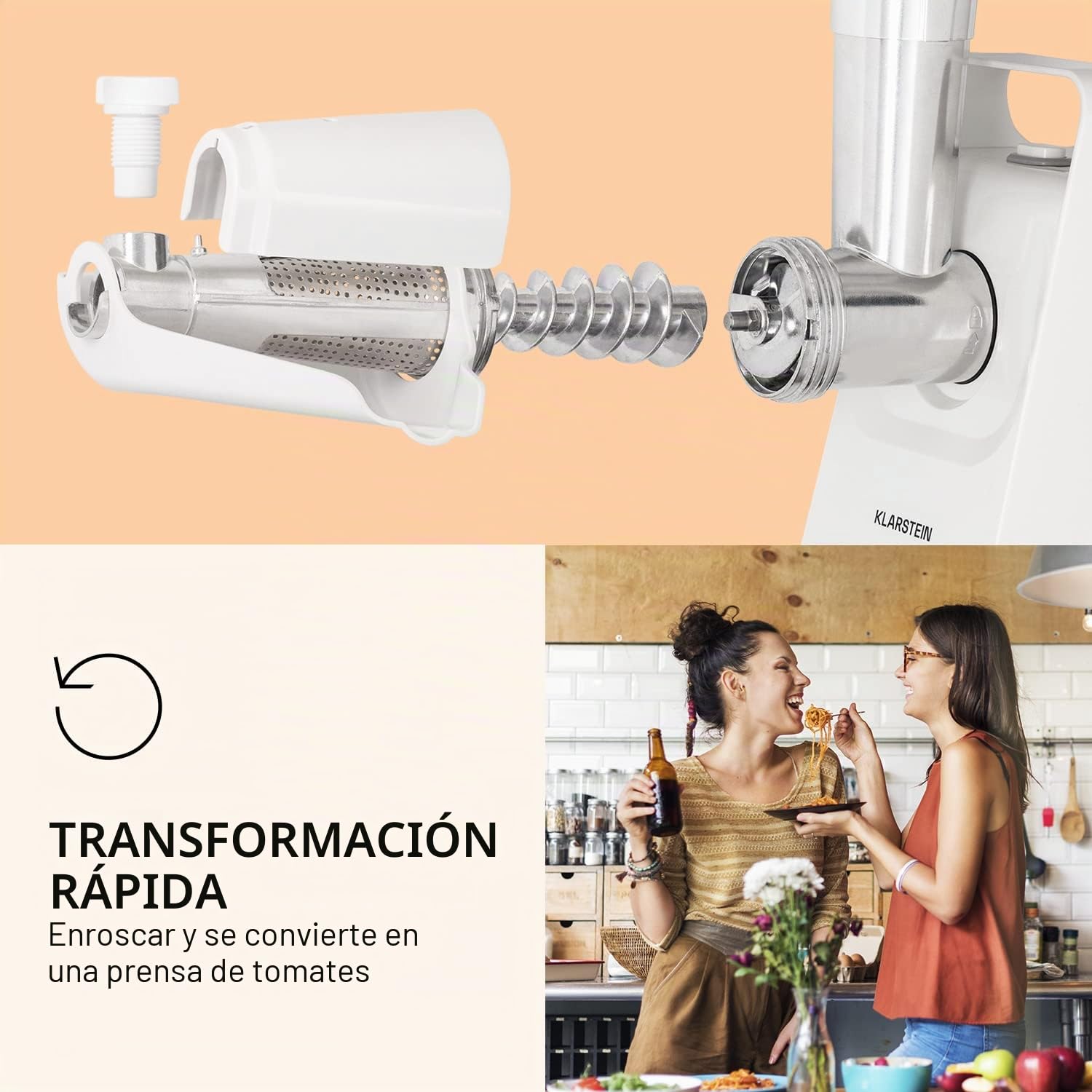 Klarstein Mighty Mince - Rallador eléctrico, Cortador de verduras eléctrico con potencia de 500-1361 W, Espiralizador de verduras con accesorios para salchichas, albóndigas y puré, Con asas, Blanco