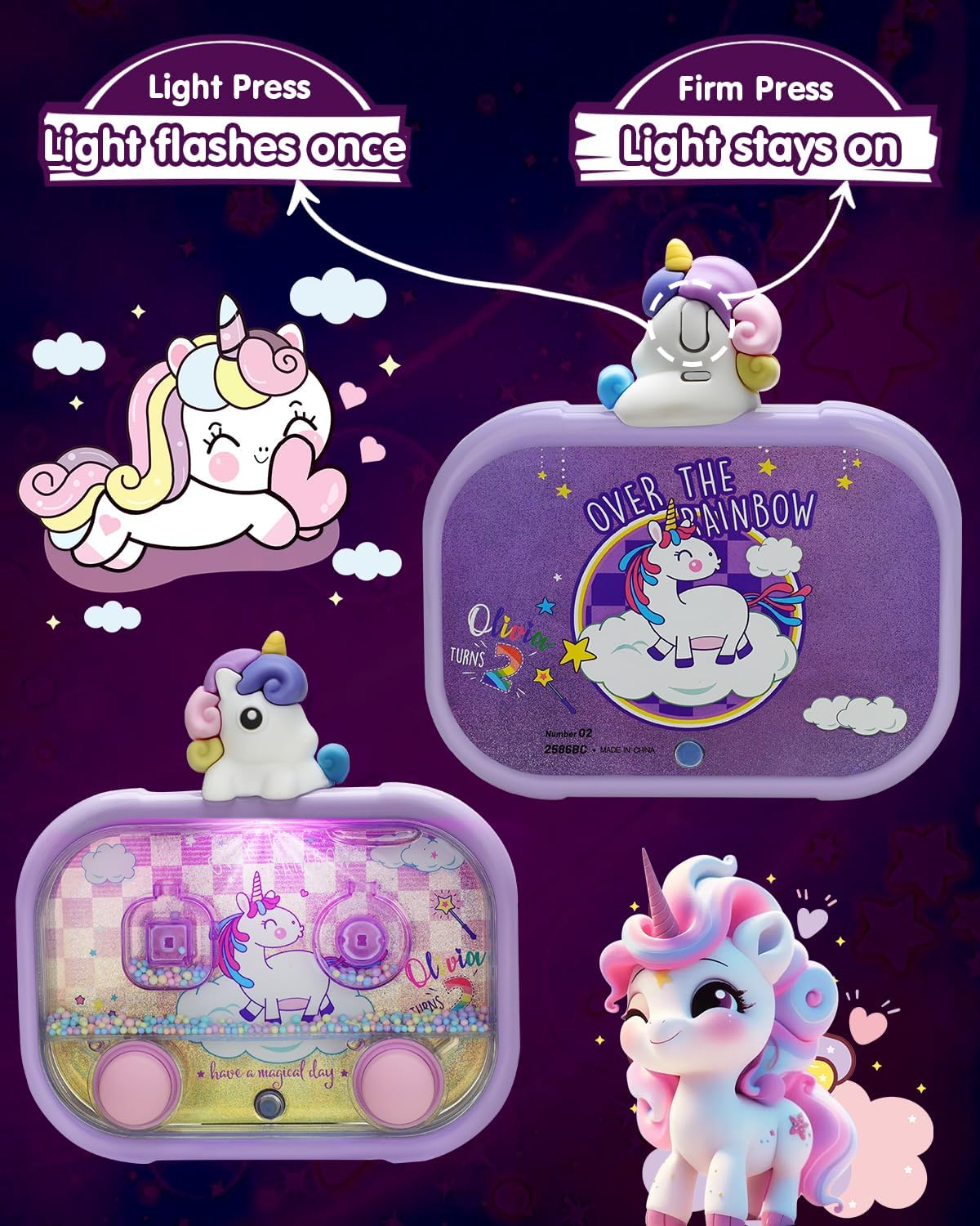 Handheld Water Game with Light – Water Ball Target Toy for Kids Ages 3+, Retro Fidget, Screen-Free Car Travel Game, Road Trip, Airplane, Portable Autism Gift Purple Unicorn image 4 of 7 B0F9994NG4