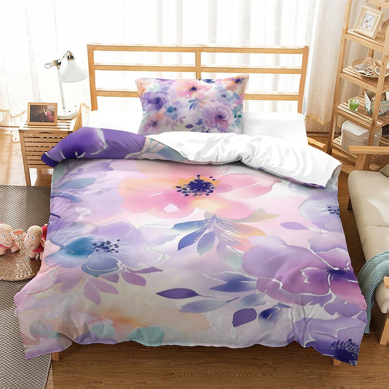 Parure de lit fleurs aquarelle 3D en microfibre avec housse de couette 135x200 et taie d'oreiller