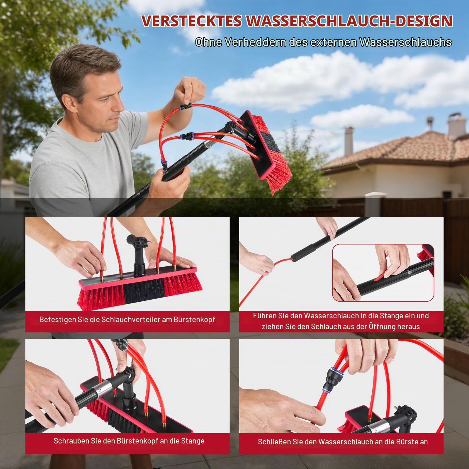 Teleskop Waschbürste mit Wasseranschluss, 4m Teleskopstange Fensterreinigung mit 180° verstellbarem Bürstenkopf & 4 integrierten Düsen, für Photovoltaikanlagen, Fenster, Wohnmobile & Auto