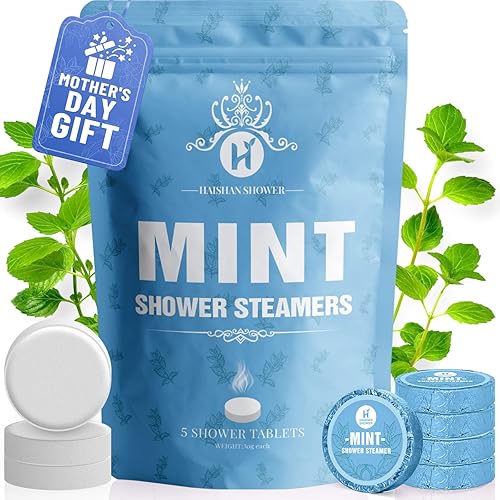HAISHAN Shower Steamers - Aceite esencial de menta orgánica para aromaterapia, paquete de 5 bombas de ducha, regalos de cumpleaños para mujeres u